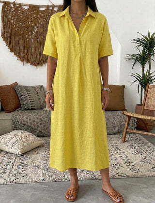 Women's Summer Dress | Midi Collar Short Sleeve Linen