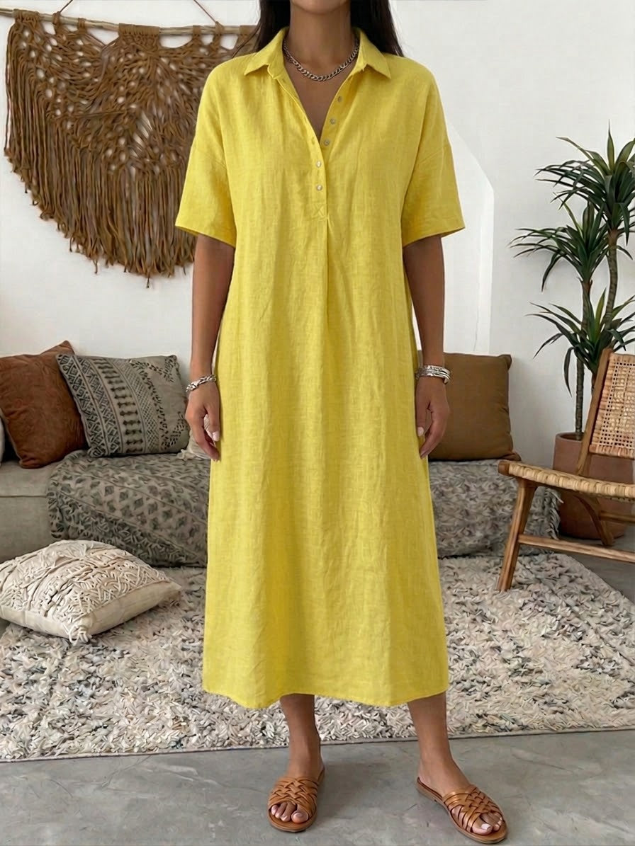 Women's Summer Dress | Midi Collar Short Sleeve Linen