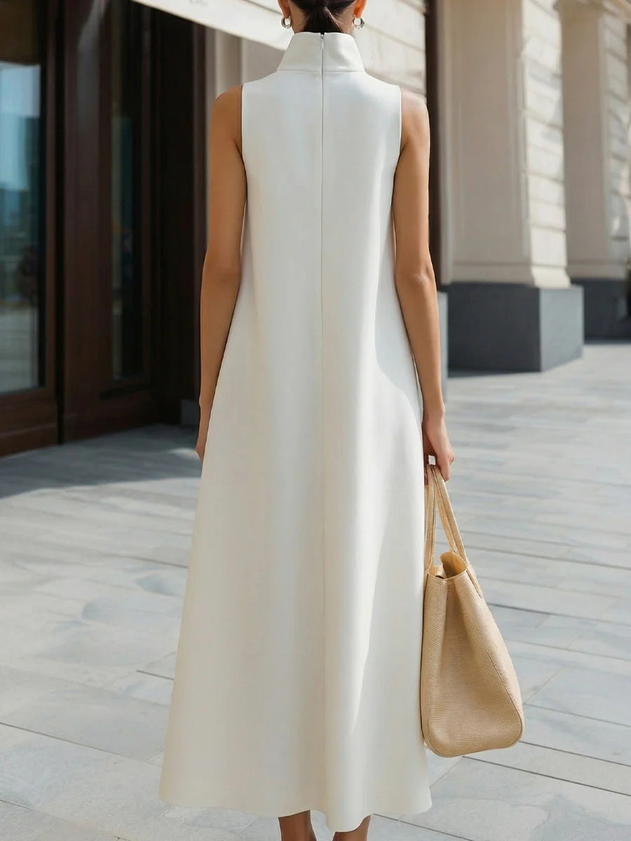 Women's Linen Dress | High Neckline Sleeveless Maxi A-Line
