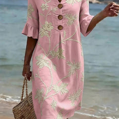 Women's Linen Dress | Midi Length V-Neck Floral Button