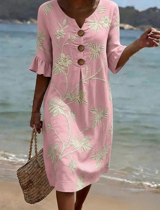 Women's Linen Dress | Midi Length V-Neck Floral Button