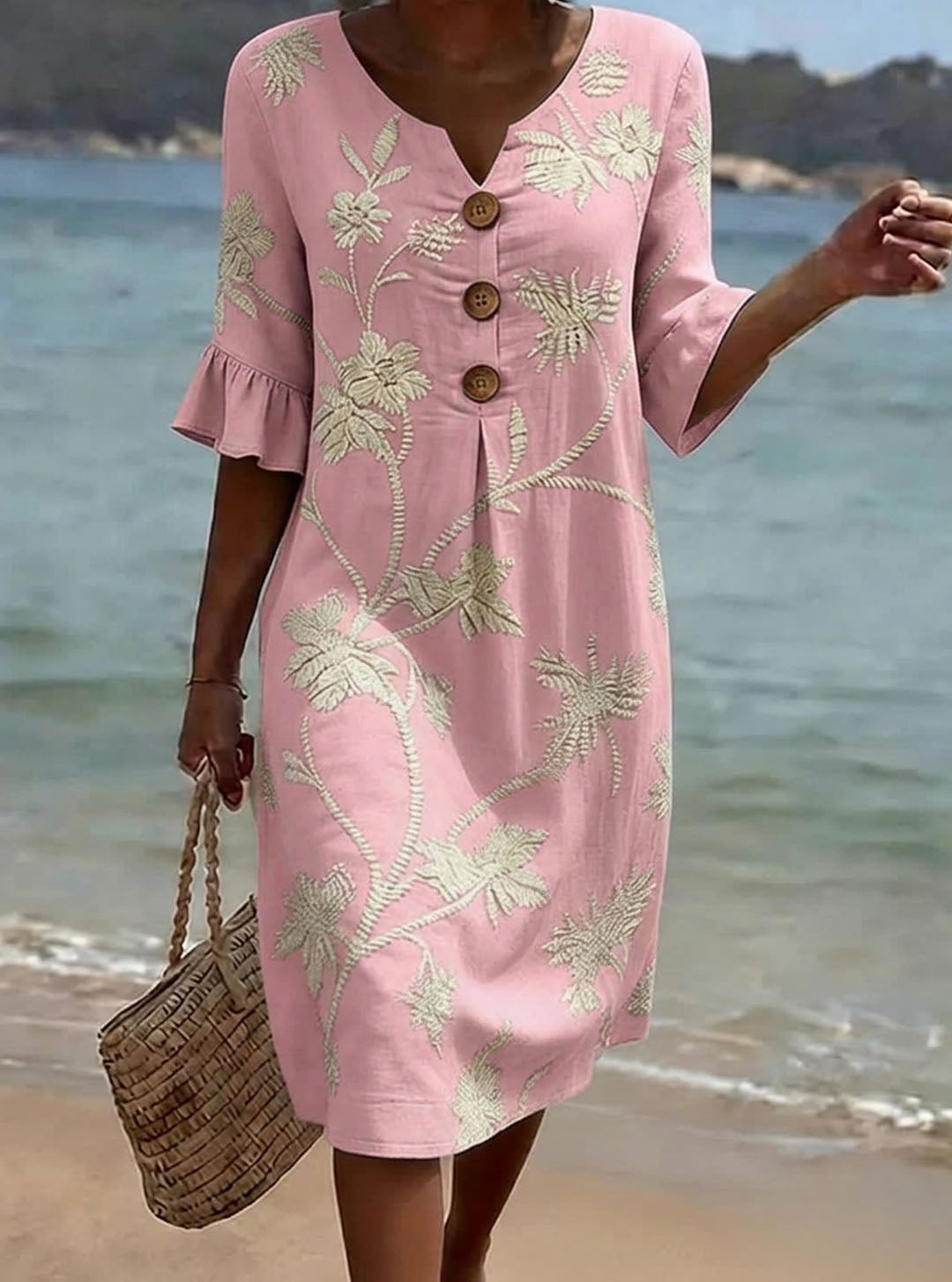 Women's Linen Dress | Midi Length V-Neck Floral Button