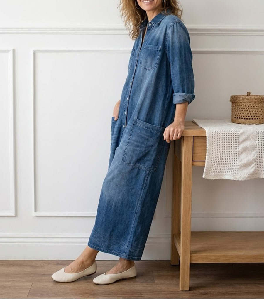 Women's Denim Jumpsuit | Button Front Relaxed Fit Wide Leg
