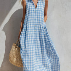 Women's Linen Dress | V-Neck Sleeveless Gingham Midi