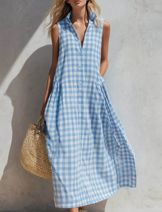 Women's Linen Dress | V-Neck Sleeveless Gingham Midi