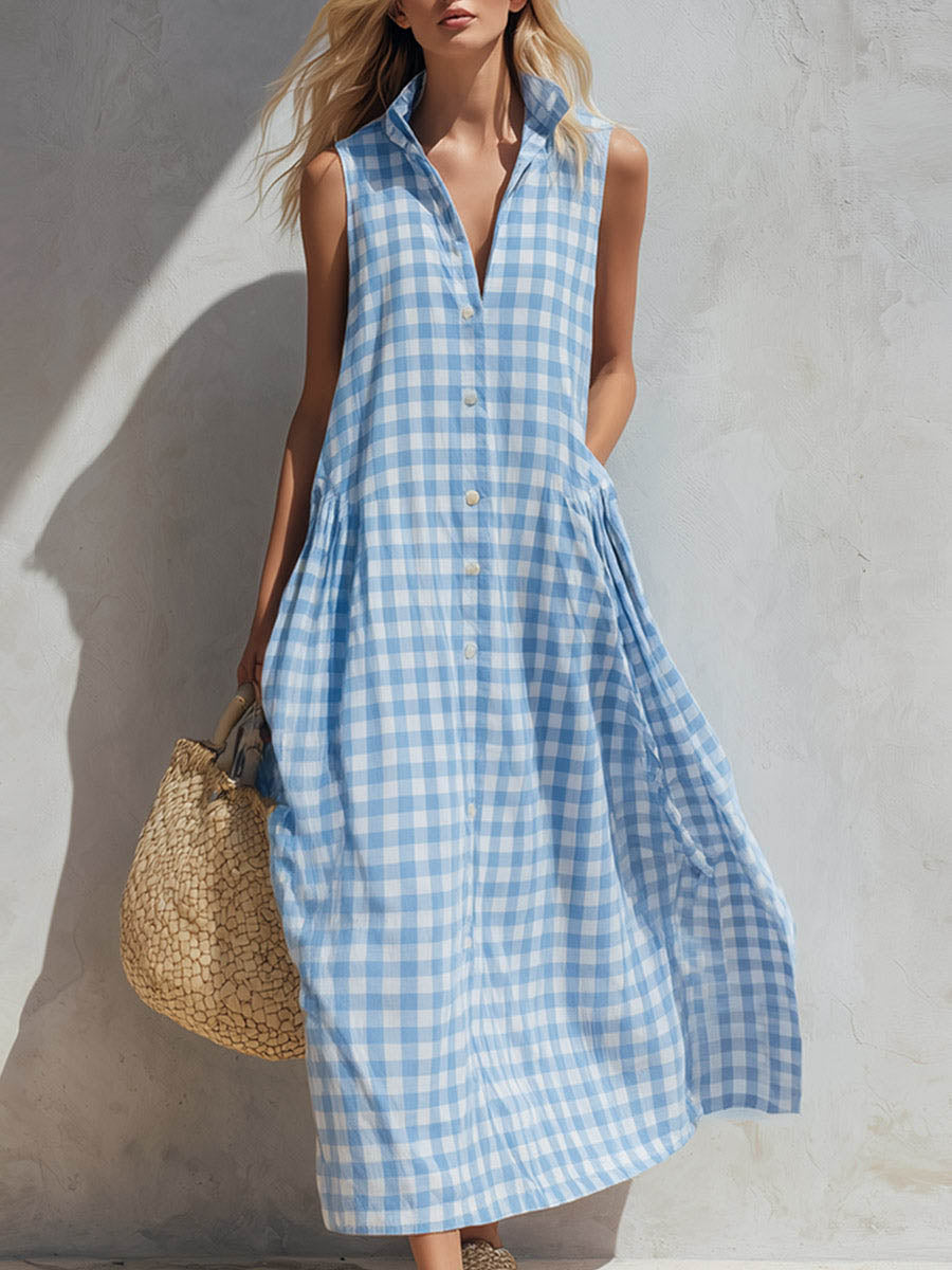 Women's Linen Dress | V-Neck Sleeveless Gingham Midi