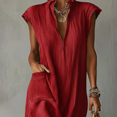 Women's Linen Midi Dress | Ruffle Collar Cap Sleeve V-Neck