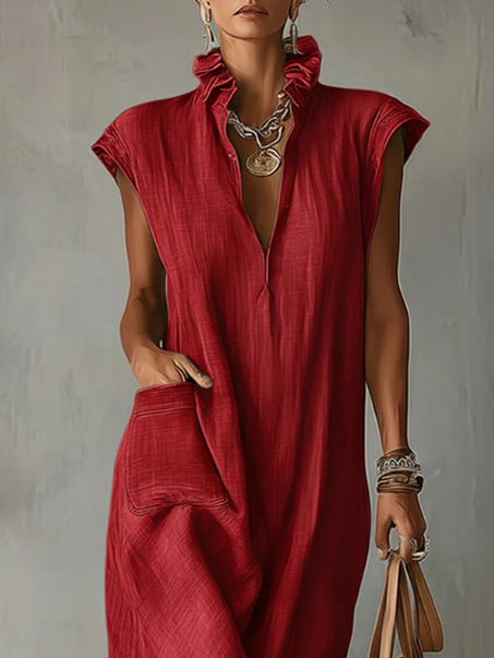 Women's Linen Midi Dress | Ruffle Collar Cap Sleeve V-Neck