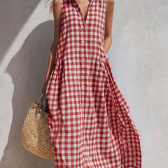 Women's Linen Dress | V-Neck Sleeveless Gingham Midi