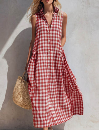 Women's Linen Dress | V-Neck Sleeveless Gingham Midi