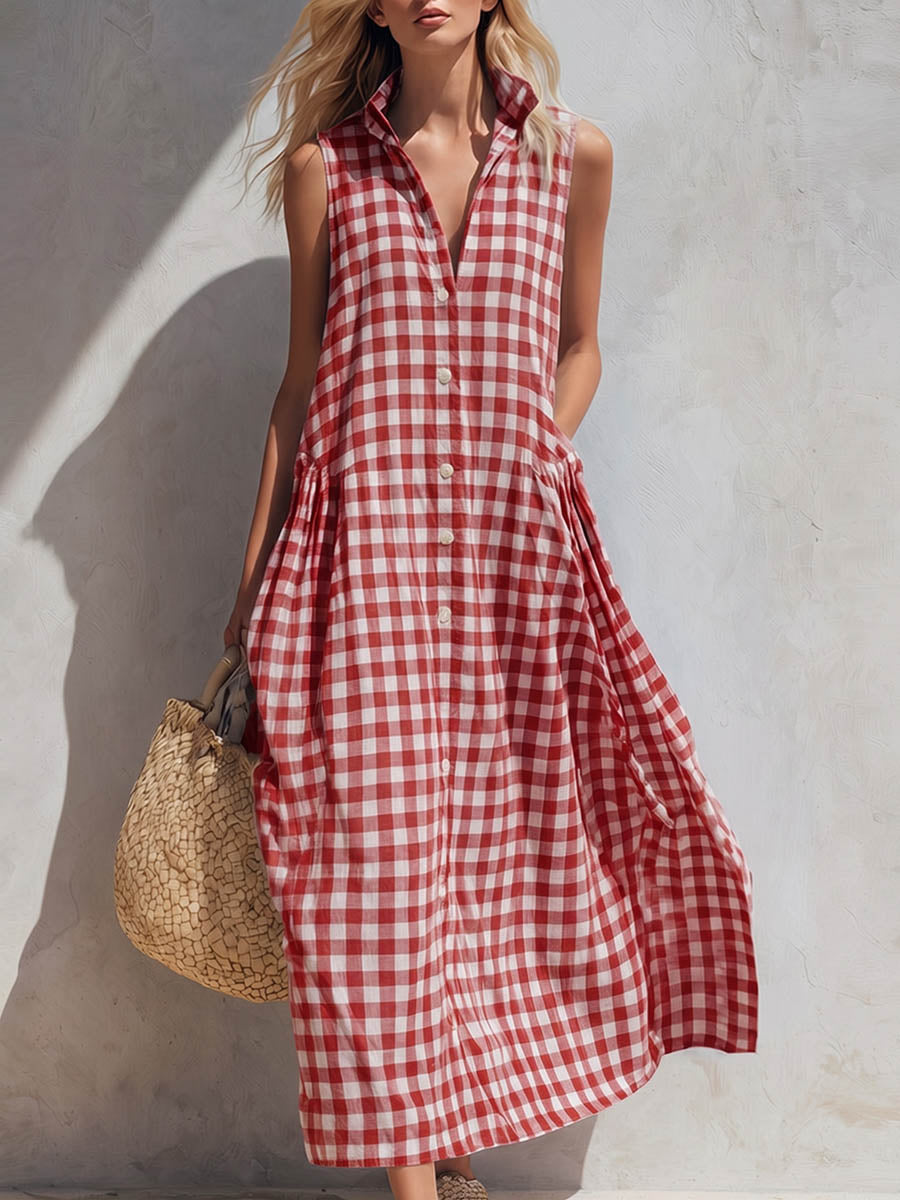 Women's Linen Dress | V-Neck Sleeveless Gingham Midi