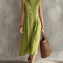 Women's Linen Dress | Midi Pleated Stand Collar Button Front