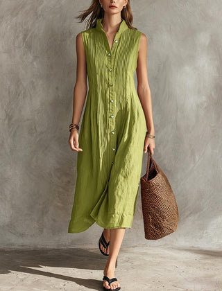 Women's Linen Dress | Midi Pleated Stand Collar Button Front