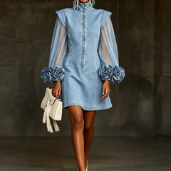 Women's Mini Dress | Zip Closure Sheer Sleeves Rosette Cuffs Denim