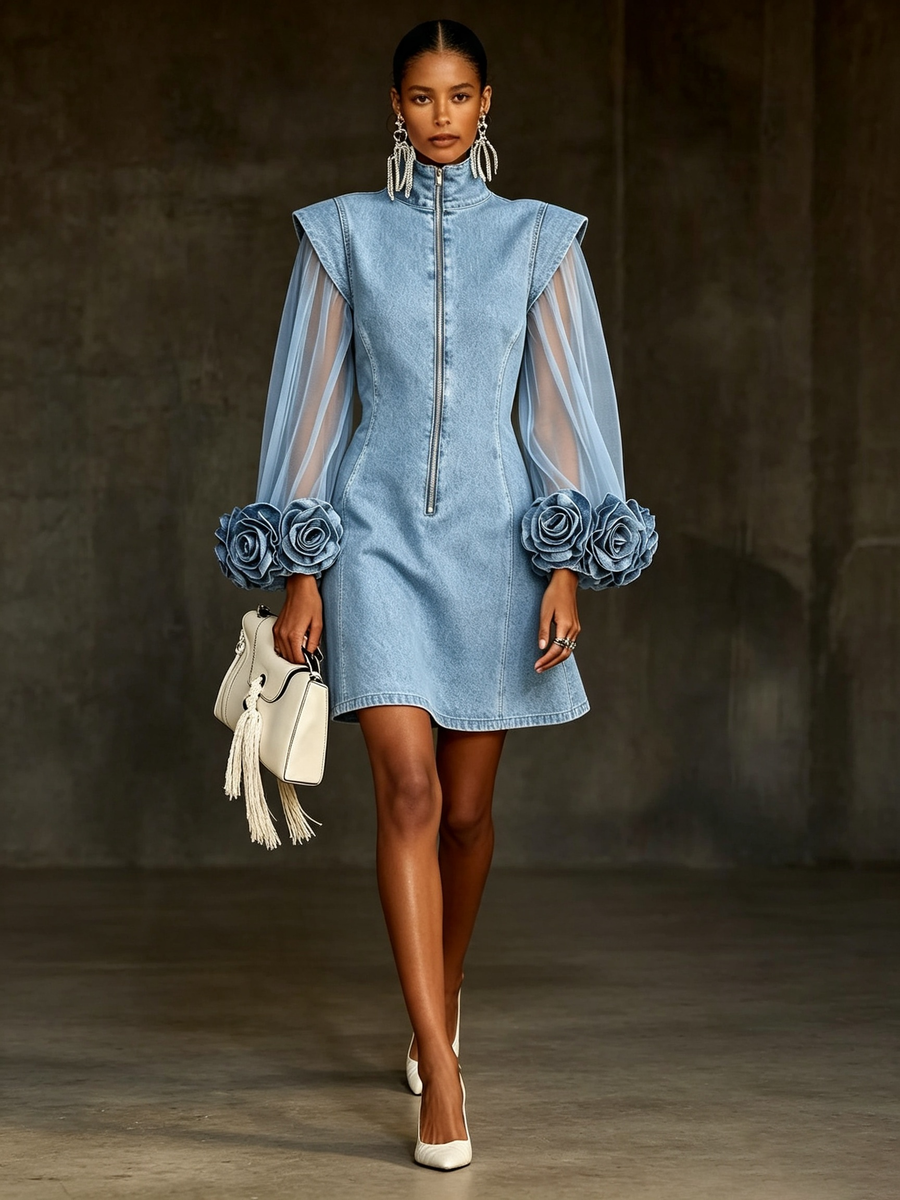 Women's Mini Dress | Zip Closure Sheer Sleeves Rosette Cuffs Denim