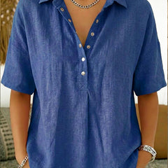 Women's Summer Top | Polo Collar Short Sleeve Cotton Linen