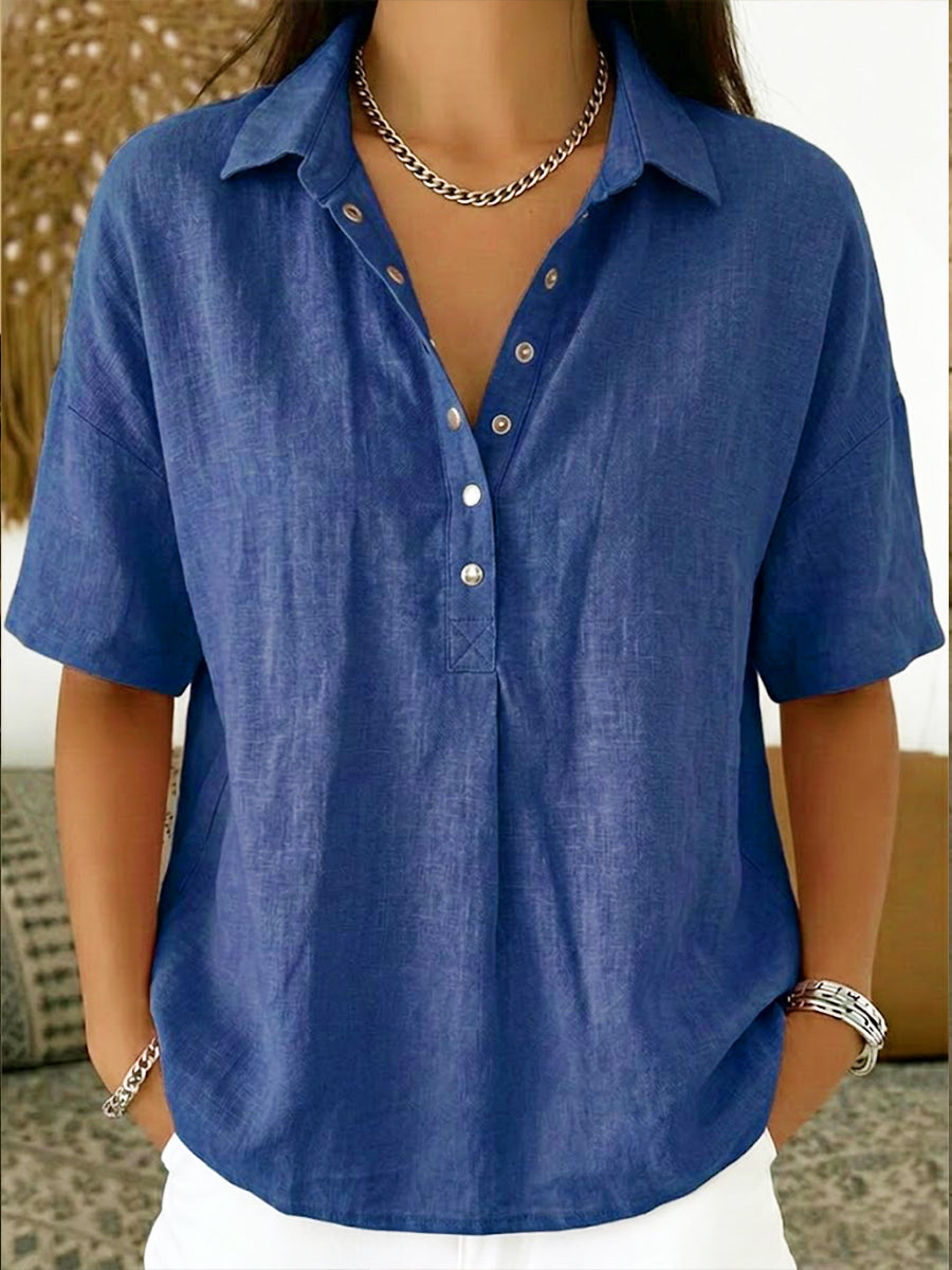Women's Summer Top | Polo Collar Short Sleeve Cotton Linen