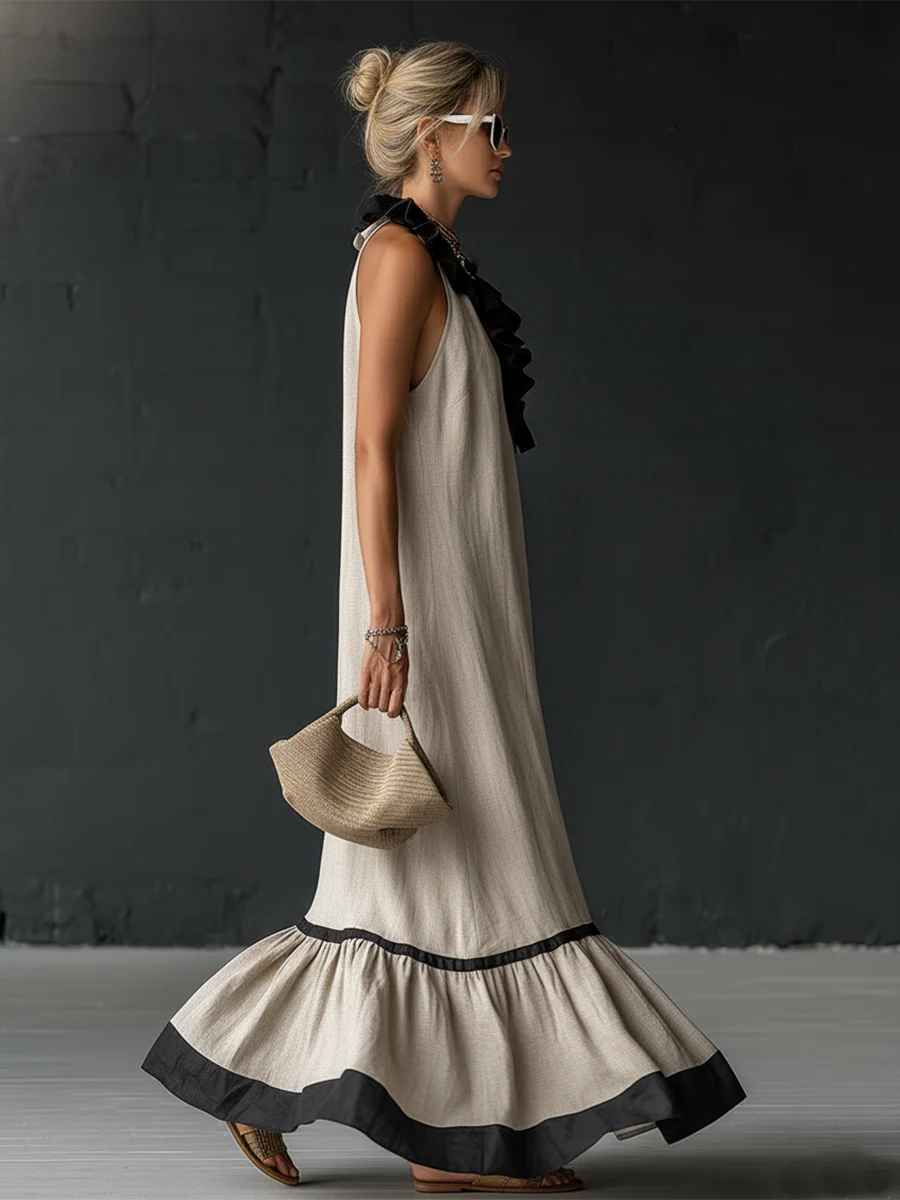 Women's Cocktail Dress | Maxi Ruffle Hem Sleeveless Linen