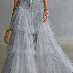 Women's Denim Skirt | Maxi Length Tiered Mesh Button Front