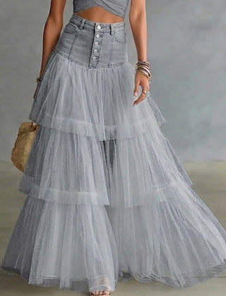 Women's Denim Skirt | Maxi Length Tiered Mesh Button Front