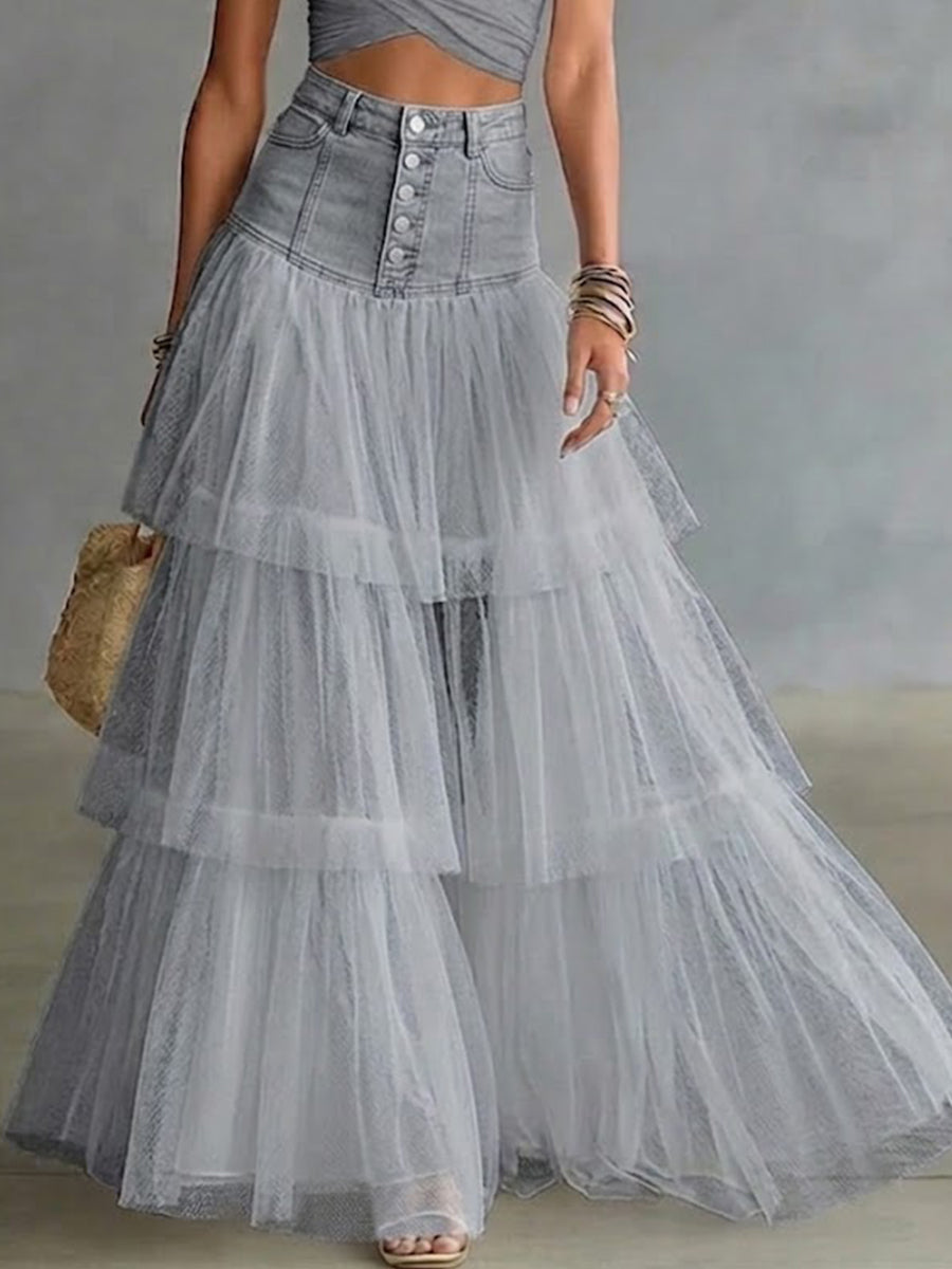 Women's Denim Skirt | Maxi Length Tiered Mesh Button Front