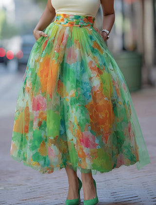 Women's Skort | Midi Length Floral Print Mesh Elastic Waist
