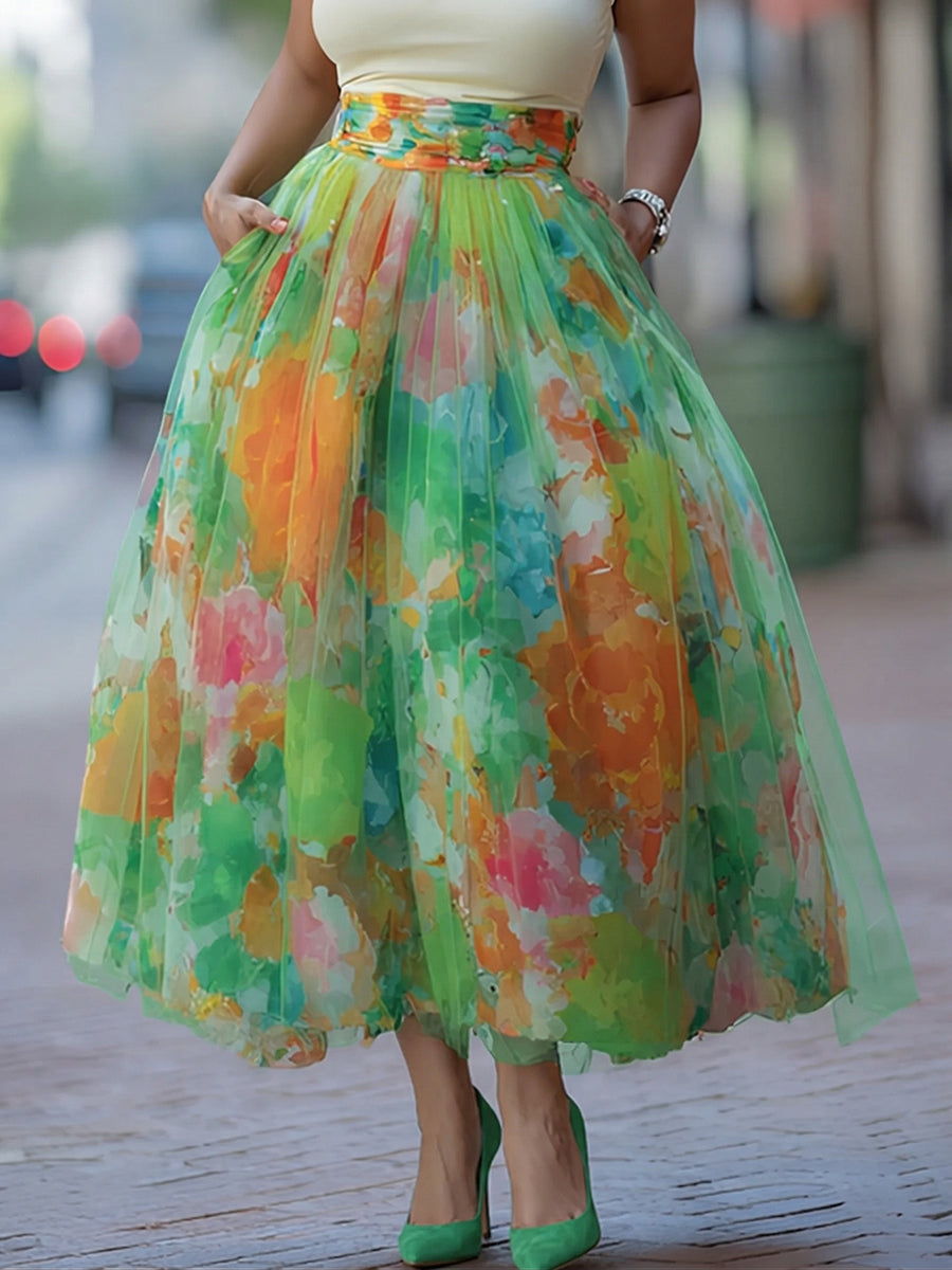 Women's Skort | Midi Length Floral Print Mesh Elastic Waist