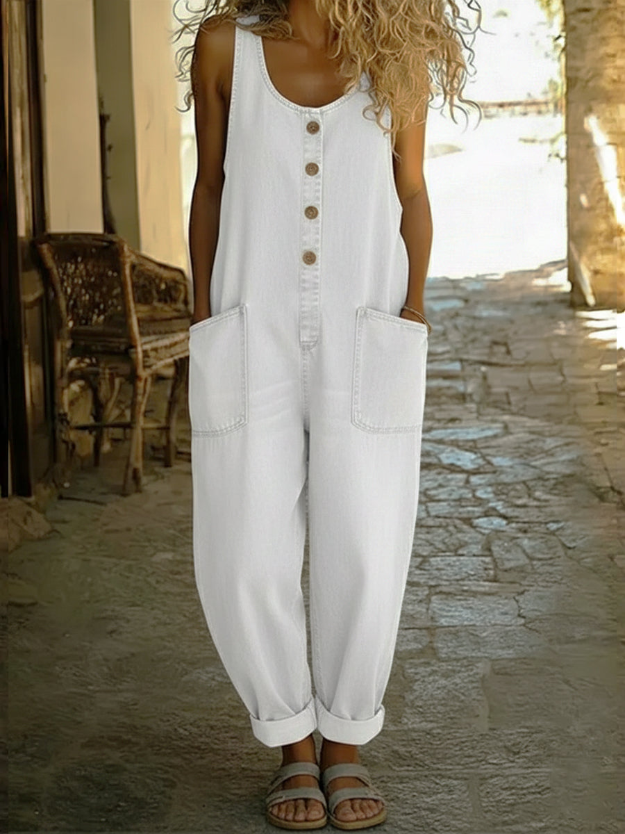 Women's Denim Jumpsuit | Button Front Sleeveless Ankle