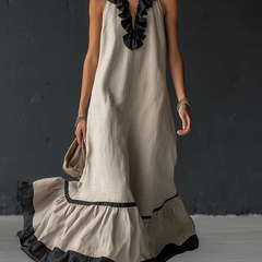 Women's Cocktail Dress | Maxi Ruffle Hem Sleeveless Linen