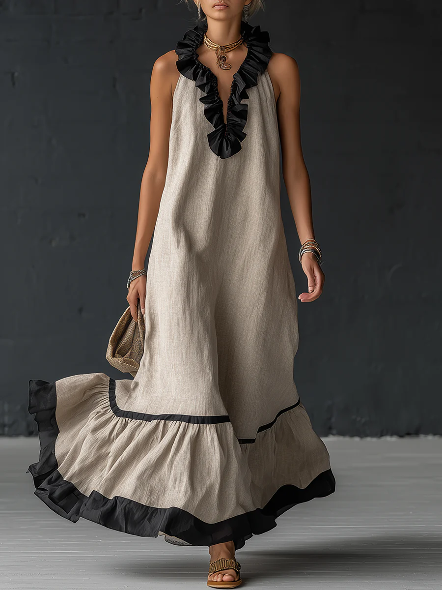Women's Cocktail Dress | Maxi Ruffle Hem Sleeveless Linen