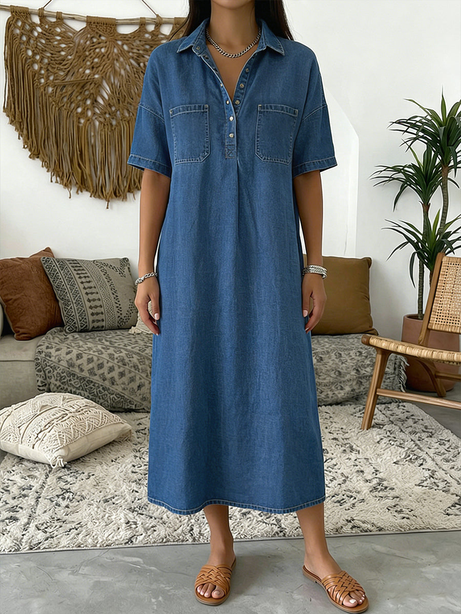 Women's Denim Dress | Midi Length Polo Collar Short Sleeve Denim