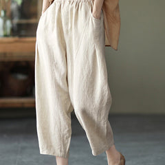 Women's Linen Pants | Elastic Waist Cropped Wide Leg