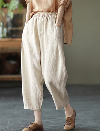 Women's Linen Pants | Elastic Waist Cropped Wide Leg