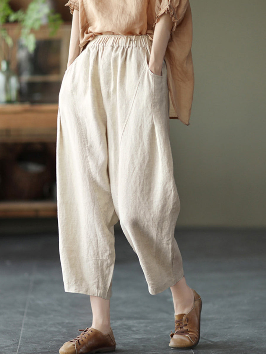 Women's Linen Pants | Elastic Waist Cropped Wide Leg