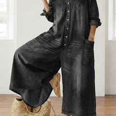Women's Denim Jumpsuit | Button Front Relaxed Fit Wide Leg