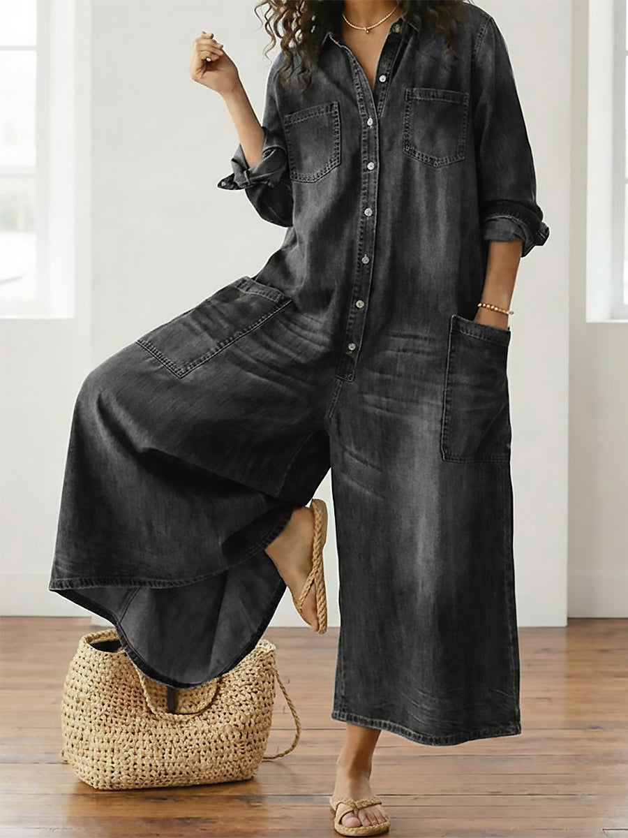 Women's Denim Jumpsuit | Button Front Relaxed Fit Wide Leg