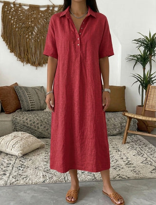Women's Summer Dress | Midi Collar Short Sleeve Linen