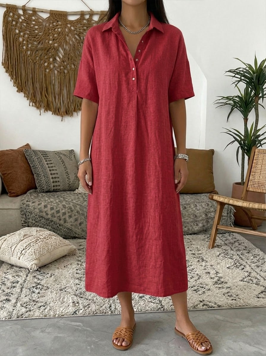 Women's Summer Dress | Midi Collar Short Sleeve Linen