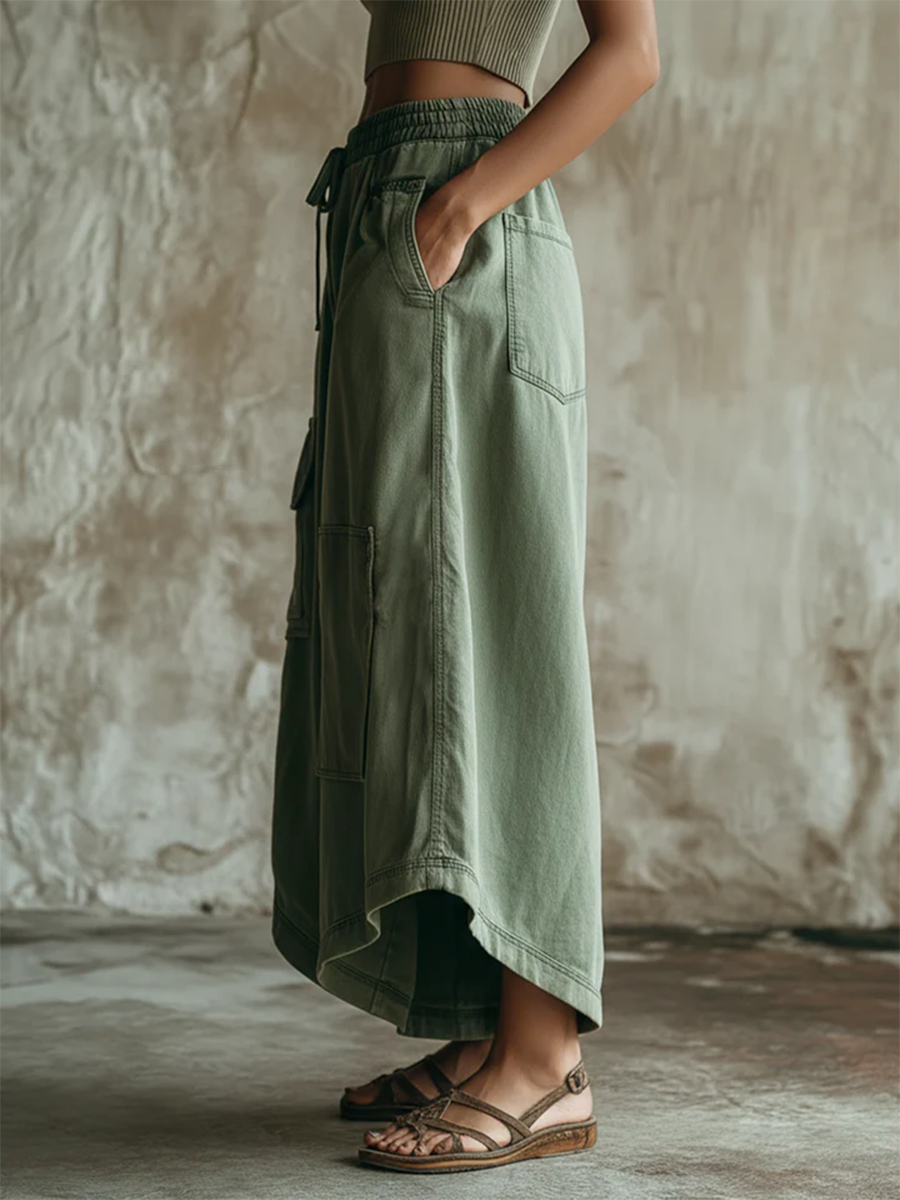 Women's Cargo Pants | Midi Length Drawstring Wide Leg Cotton