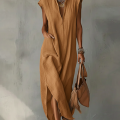 Women's Linen Midi Dress | Ruffle Collar Cap Sleeve V-Neck