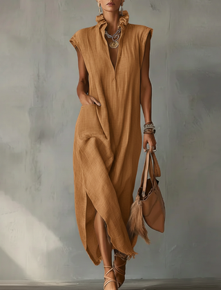 Women's Linen Midi Dress | Ruffle Collar Cap Sleeve V-Neck