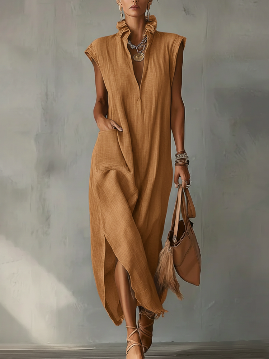 Women's Linen Midi Dress | Ruffle Collar Cap Sleeve V-Neck