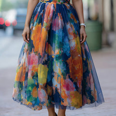 Women's Skort | Midi Length Floral Print Mesh Elastic Waist