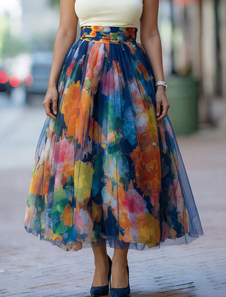 Women's Skort | Midi Length Floral Print Mesh Elastic Waist