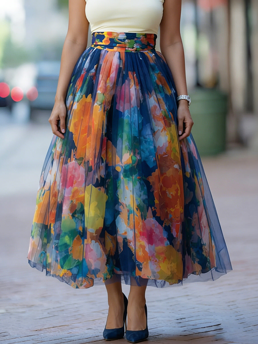 Women's Skort | Midi Length Floral Print Mesh Elastic Waist