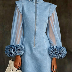 Women's Mini Dress | Zip Closure Sheer Sleeves Rosette Cuffs Denim
