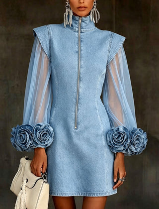 Women's Mini Dress | Zip Closure Sheer Sleeves Rosette Cuffs Denim