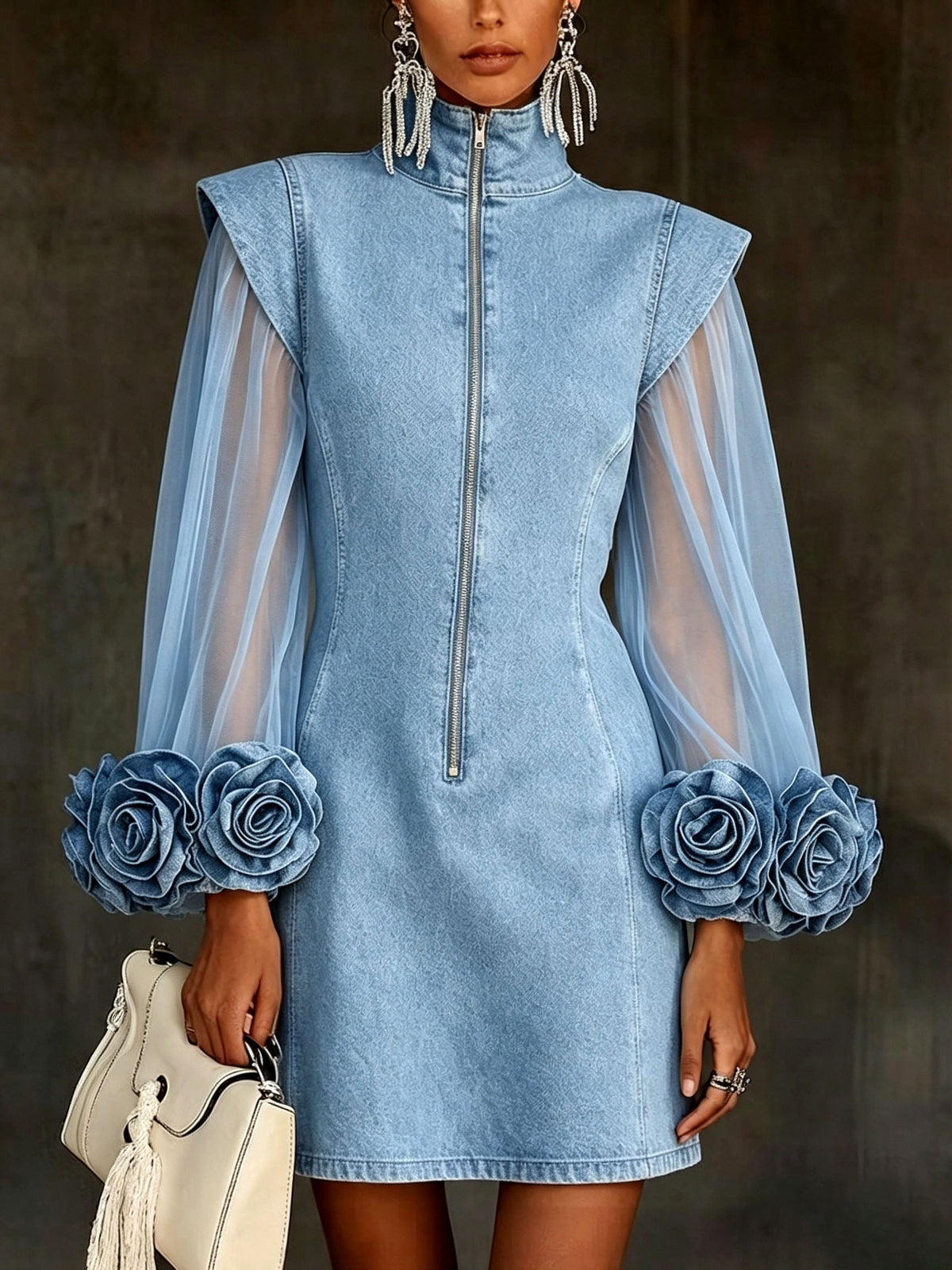 Women's Mini Dress | Denim Zip Collar Sheer Sleeves Rosette Cuffs