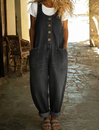 Women's Denim Jumpsuit | Button Front Sleeveless Ankle