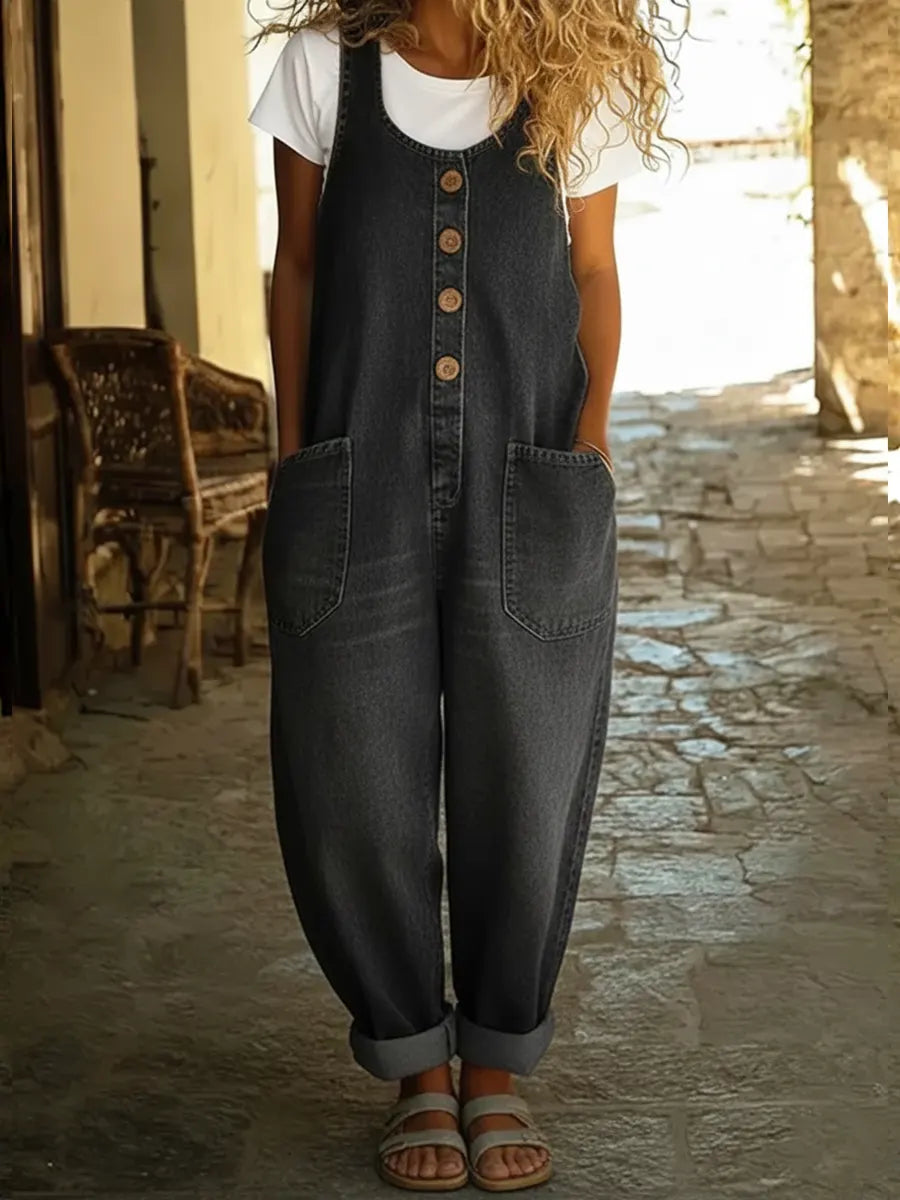 Women's Denim Jumpsuit | Button Front Sleeveless Ankle